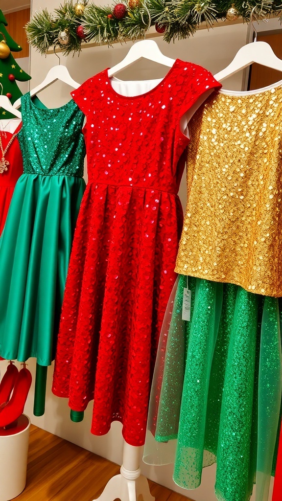 A collection of glittery Christmas outfits displayed with holiday decorations.